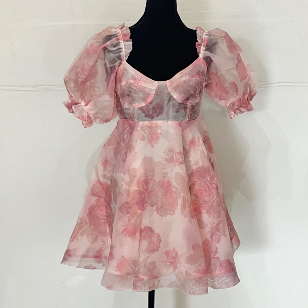 Pink Floral Puff-Sleeve Mini Dress - Picture 7 of 11